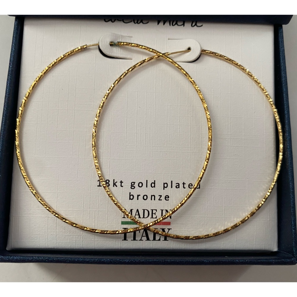 Lucia Mare 18k Gold plated large skinny Hoop high shine Earrings gift box 2.25” - Picture 2 of 5